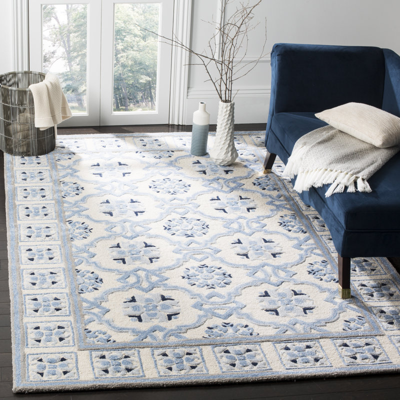 Ebern Designs Cruz Oriental Handmade Tufted Wool Ivory Blue Area Rug